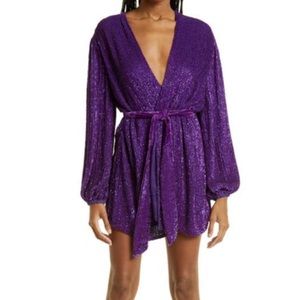 GABRIELLE METALLIC LONG SLEEVE WRAP DRESS IN ROYAL PURPLE